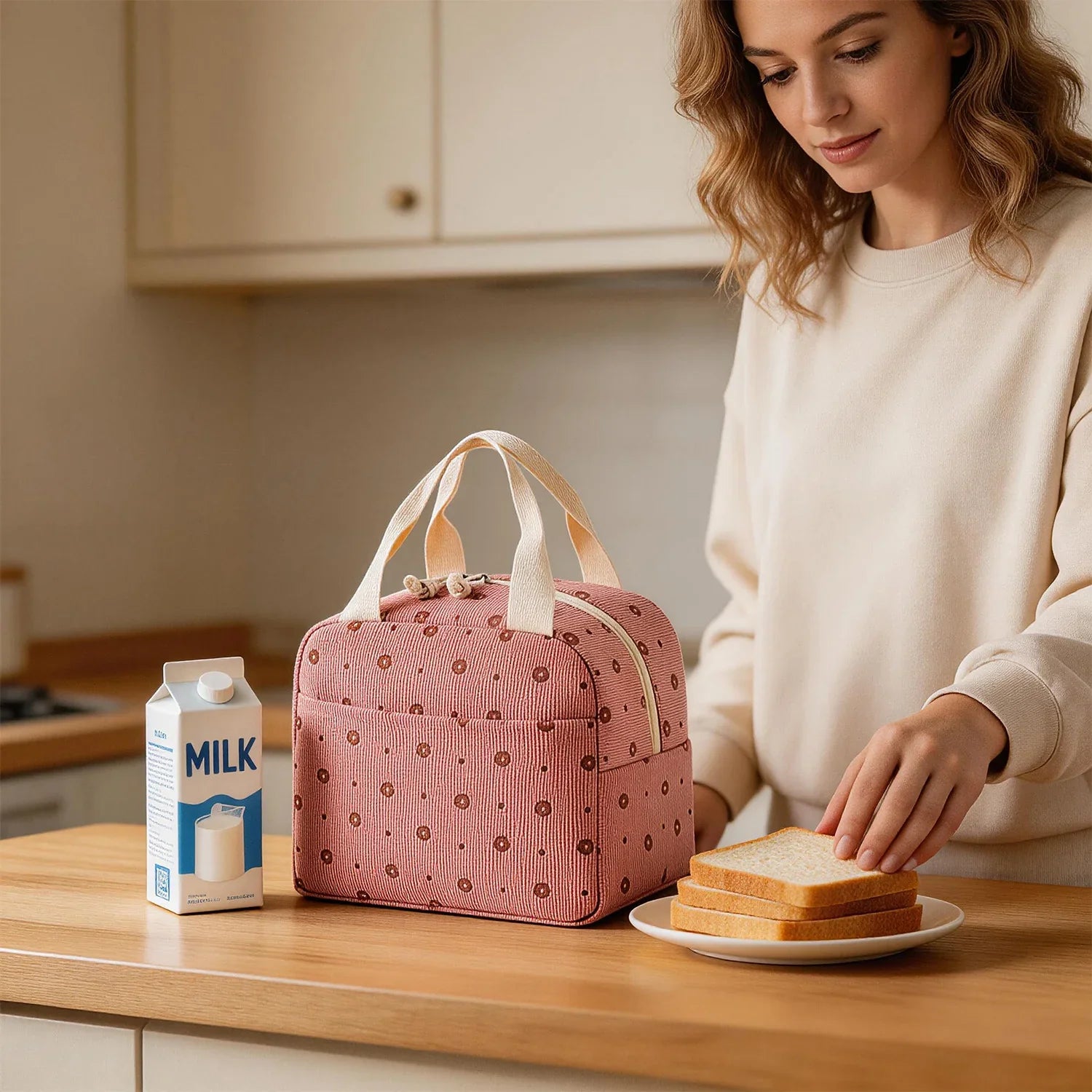 Soft pink insulated lunch bag