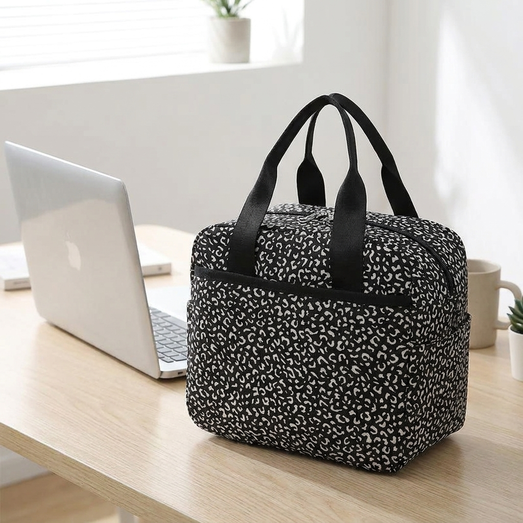 Thickened nylon insulated lunch bag on a wooden office desk beside a laptop