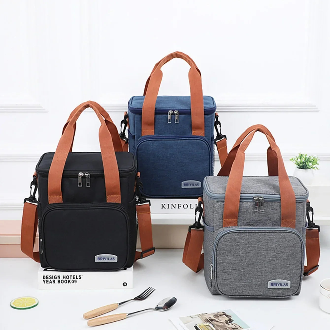 Lunch tote shown open with the insulated lining