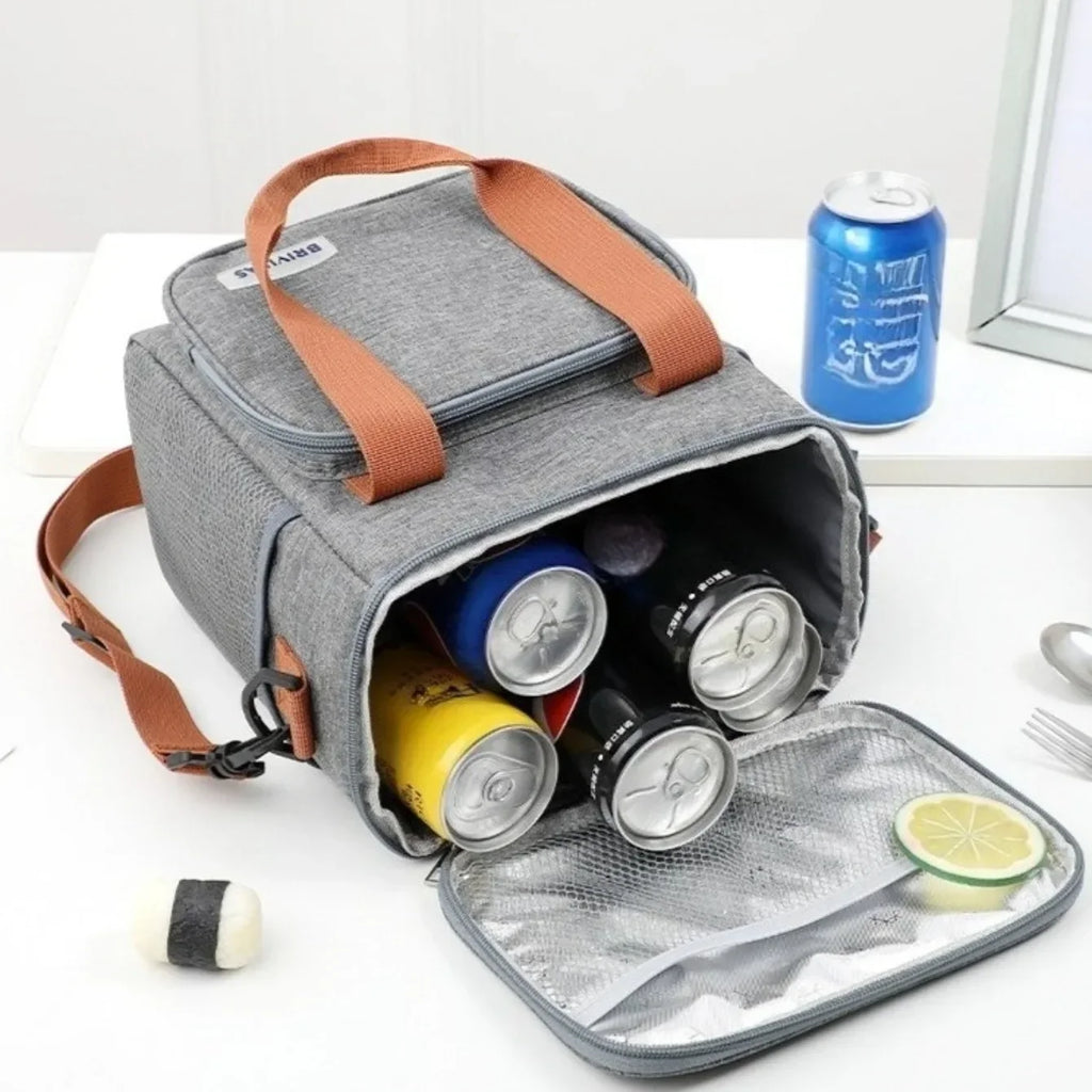 Lunch tote carried by the handles