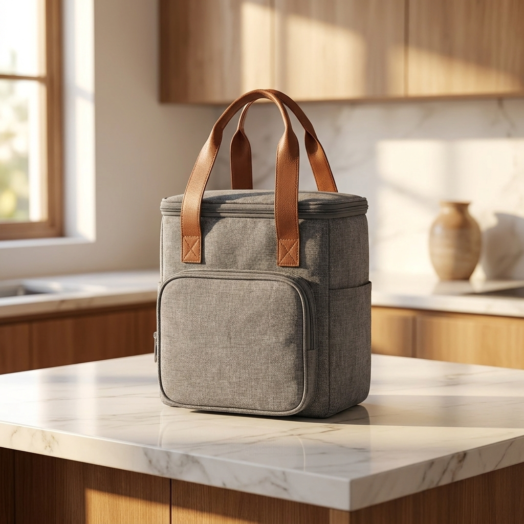 Insulated lunch tote with twin handles standing on a marble kitchen island