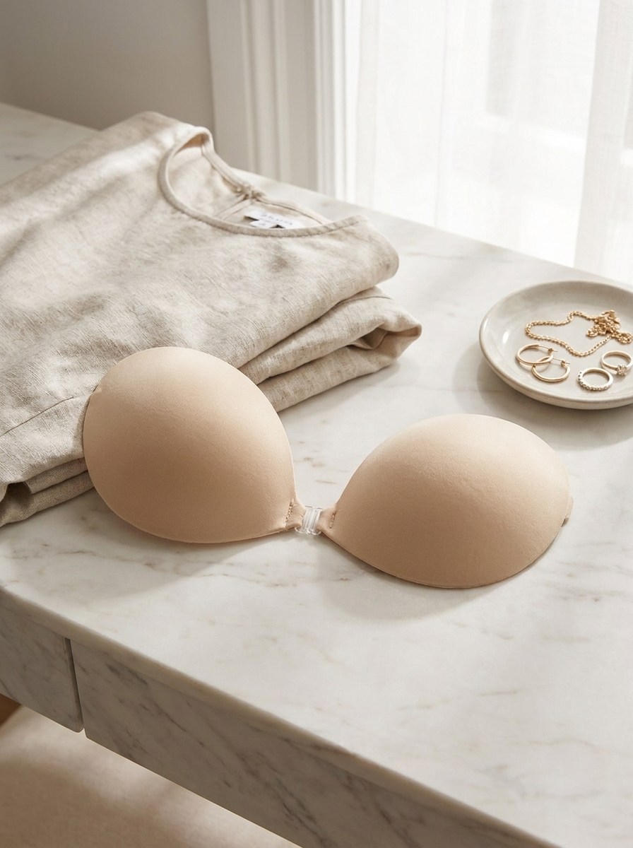 Invisible adhesive bra with padded cups laid flat on a pale marble vanity