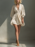 Ivory linen-blend balloon sleeve mini dress, front view