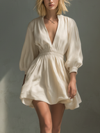Ivory linen-blend mini dress, full length view