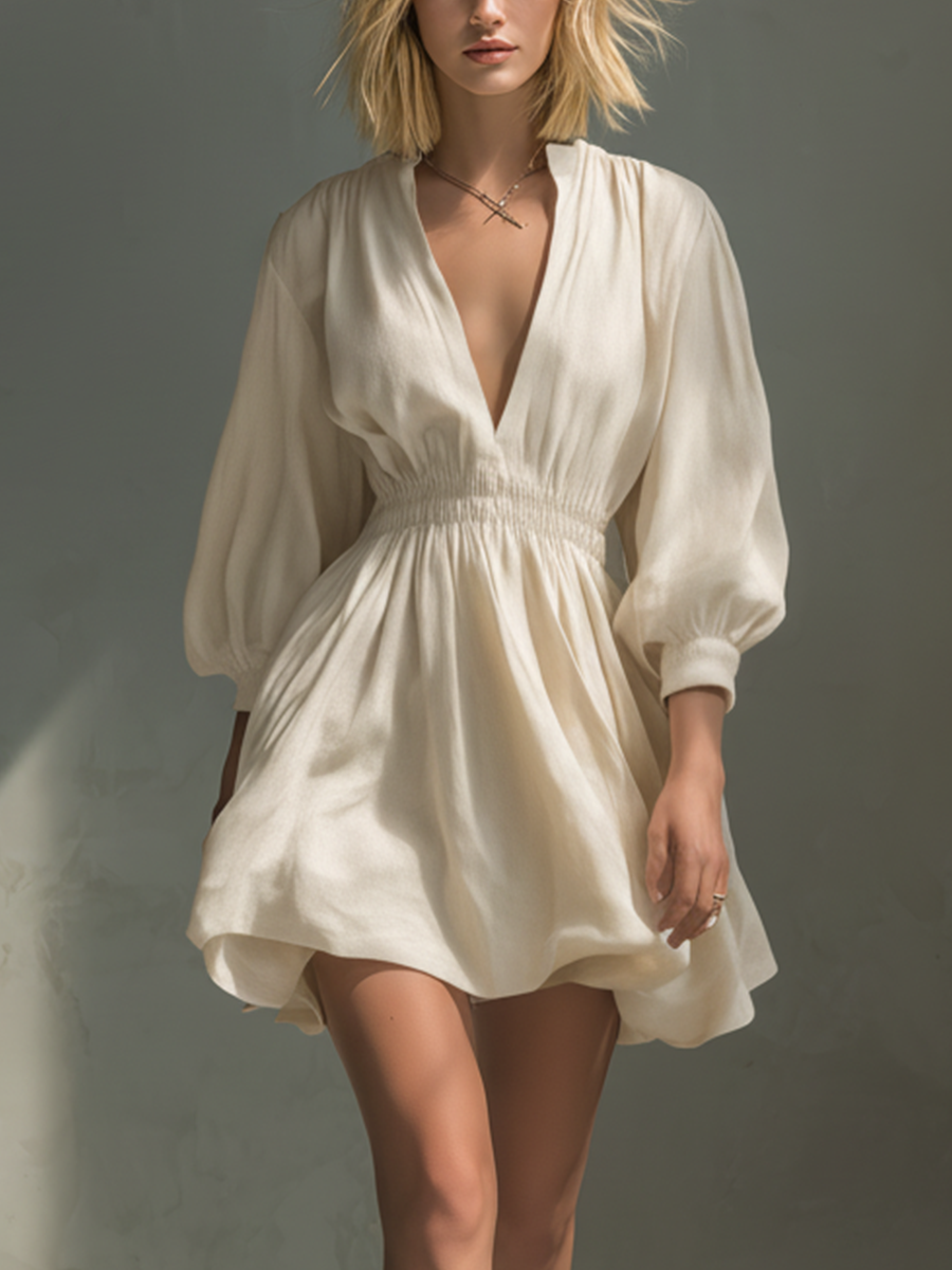 Ivory linen-blend mini dress, full length view