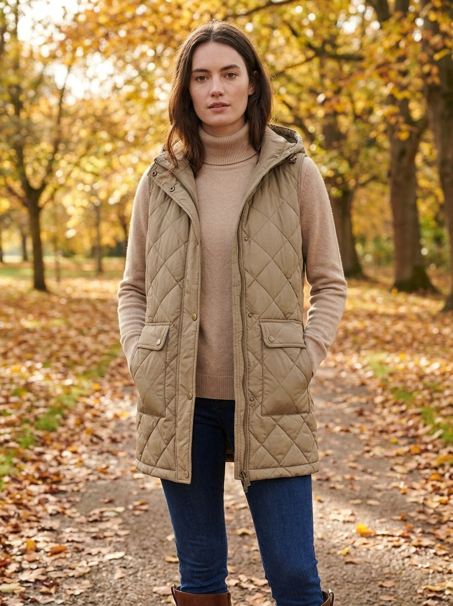 Model wearing a khaki mid-length hooded quilted vest on an autumn park path