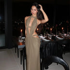 Khaki halter maxi dress with cut-out back