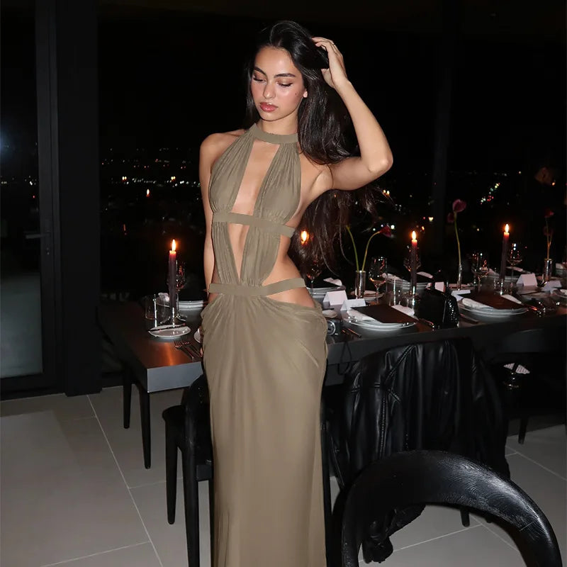 Khaki halter maxi dress with cut-out back