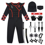 Complete kids ninja costume set with accessories laid out