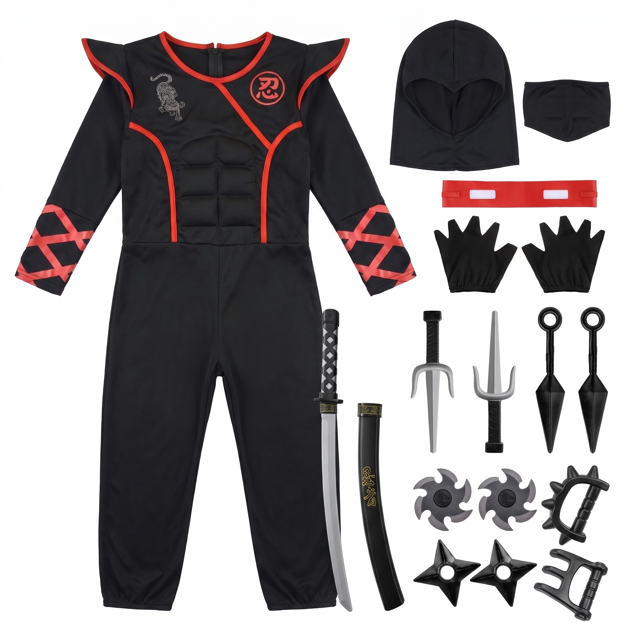 Complete kids ninja costume set with accessories laid out