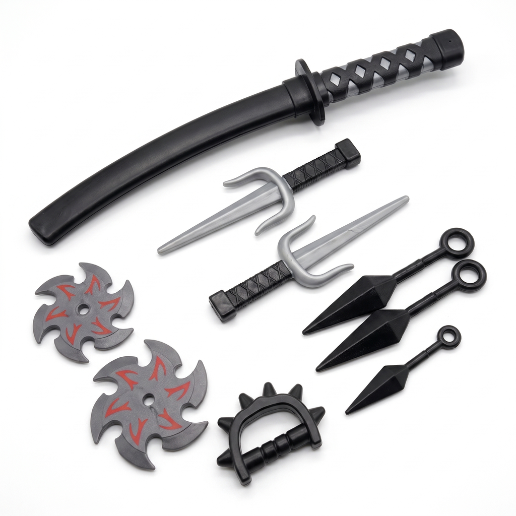 Detail of the toy ninja weapon accessories included in the set