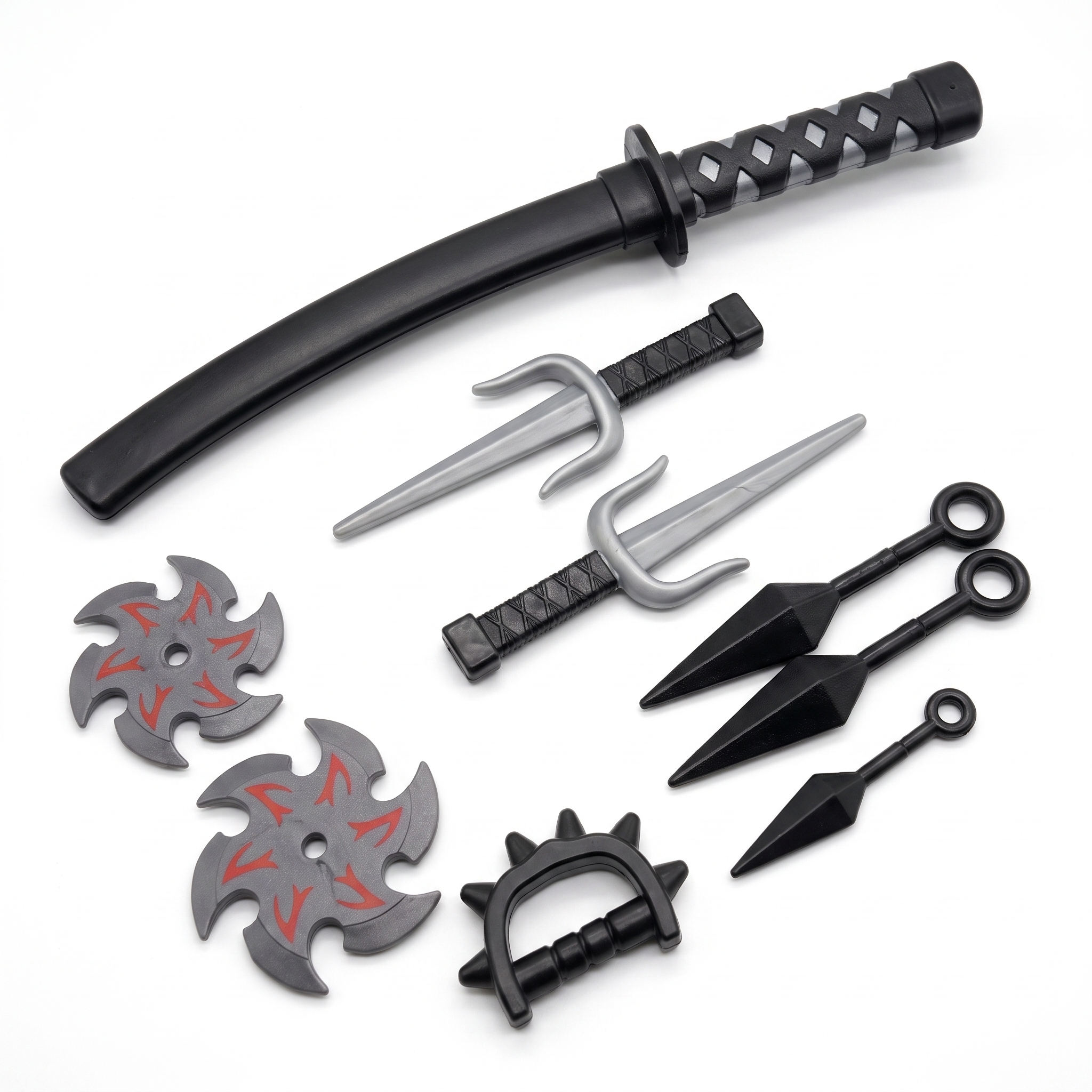 Detail of the toy ninja weapon accessories included in the set