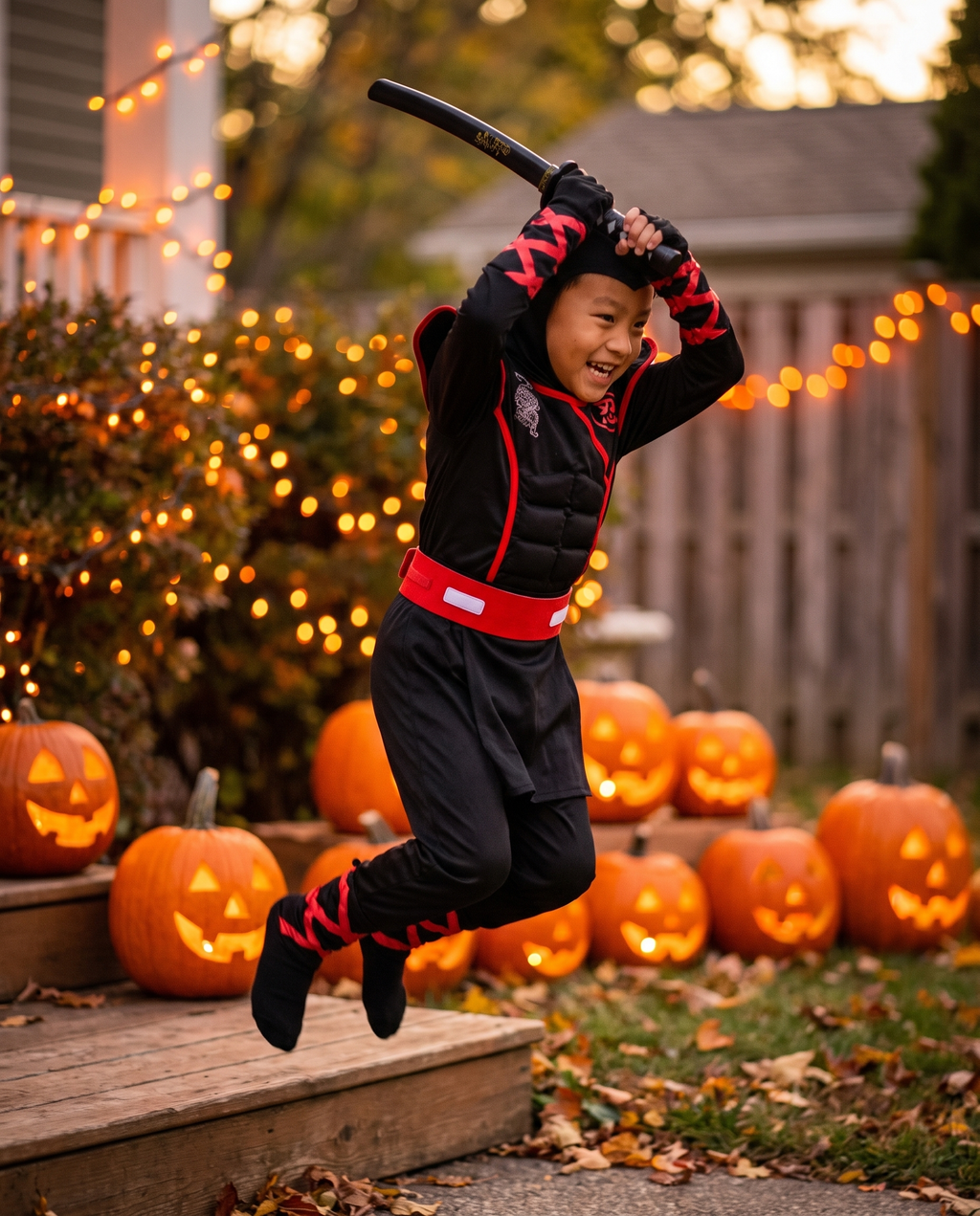 Child in the ninja costume posing at a Halloween party