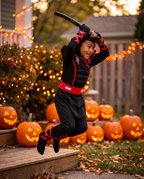Child in the ninja costume posing at a Halloween party