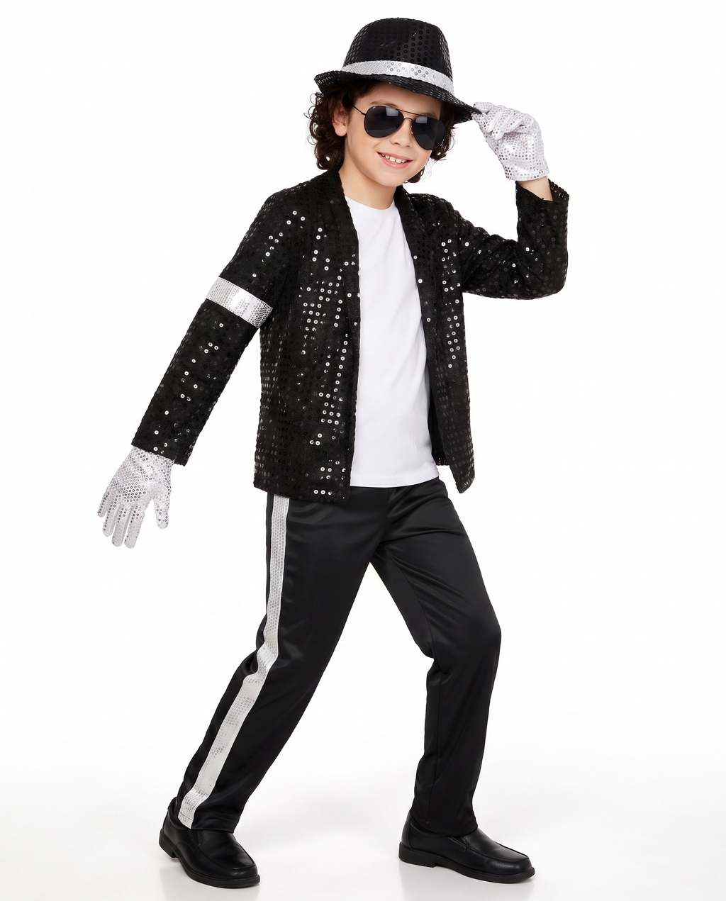 Child wearing a sequin kids pop star costume, front view