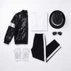 Kids pop star costume set laid flat with jacket, glove, fedora and shades