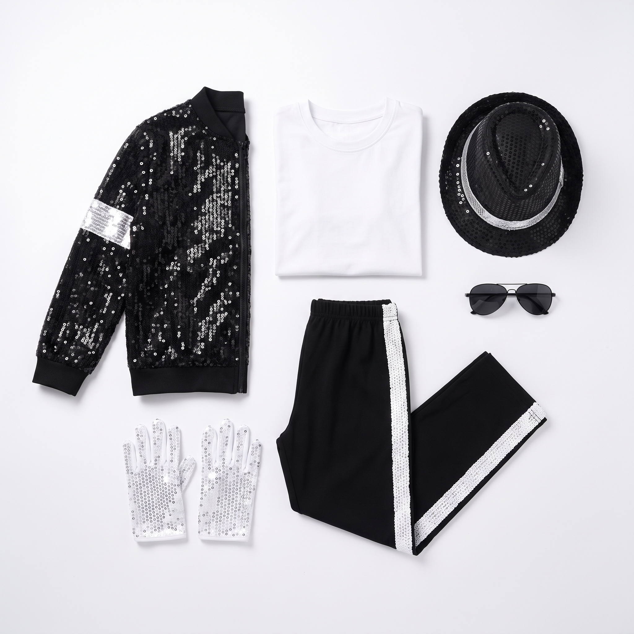 Kids pop star costume set laid flat with jacket, glove, fedora and shades