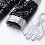 Sequin jacket and white glitter glove detail