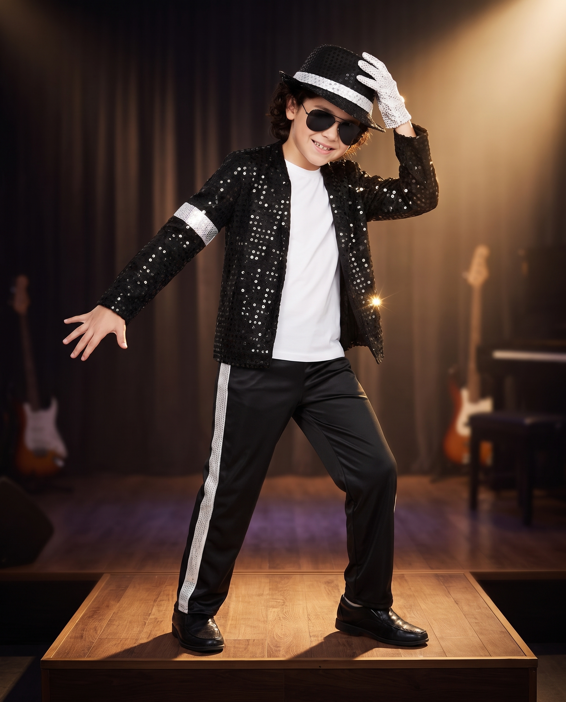 Child performing on stage in the sequin pop star costume