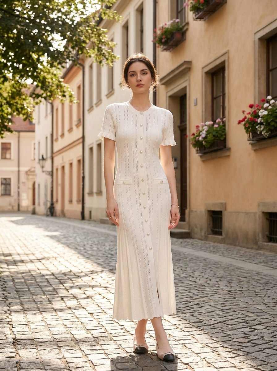 Model wearing a hollow-out knit button front maxi dress on a sunlit city street