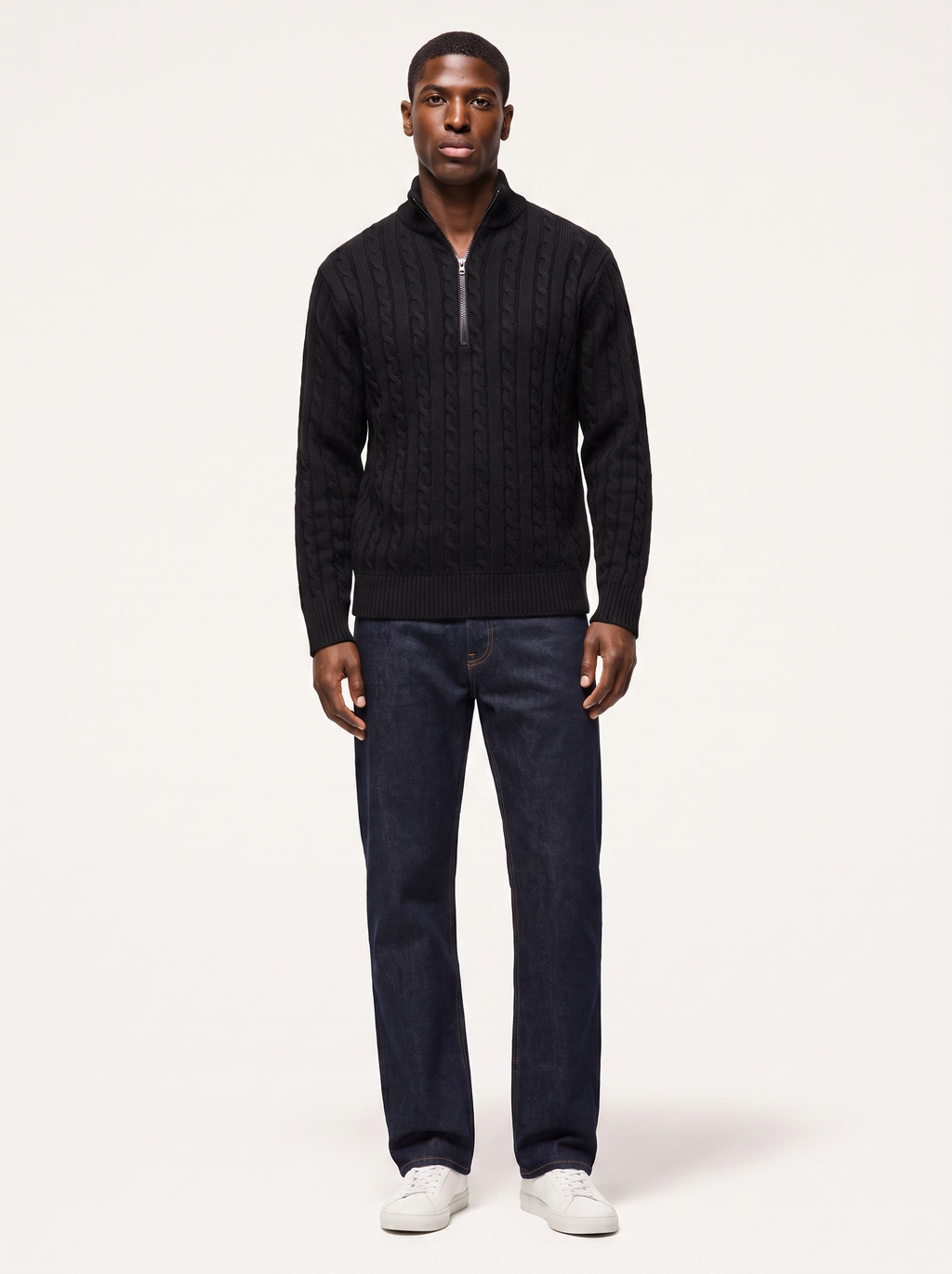 Knit quarter-zip pullover sweater, front view