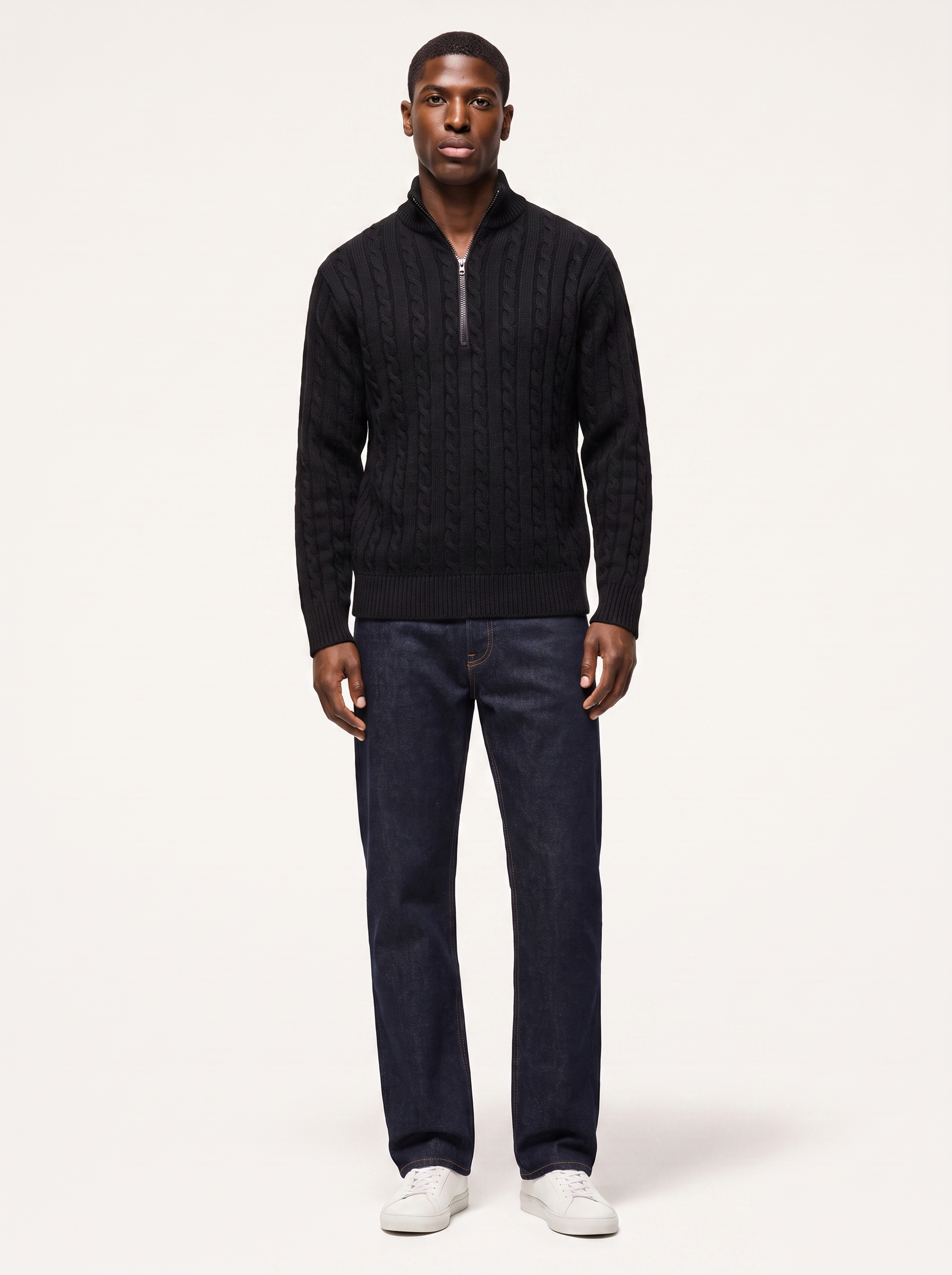 Knit quarter-zip pullover sweater, front view