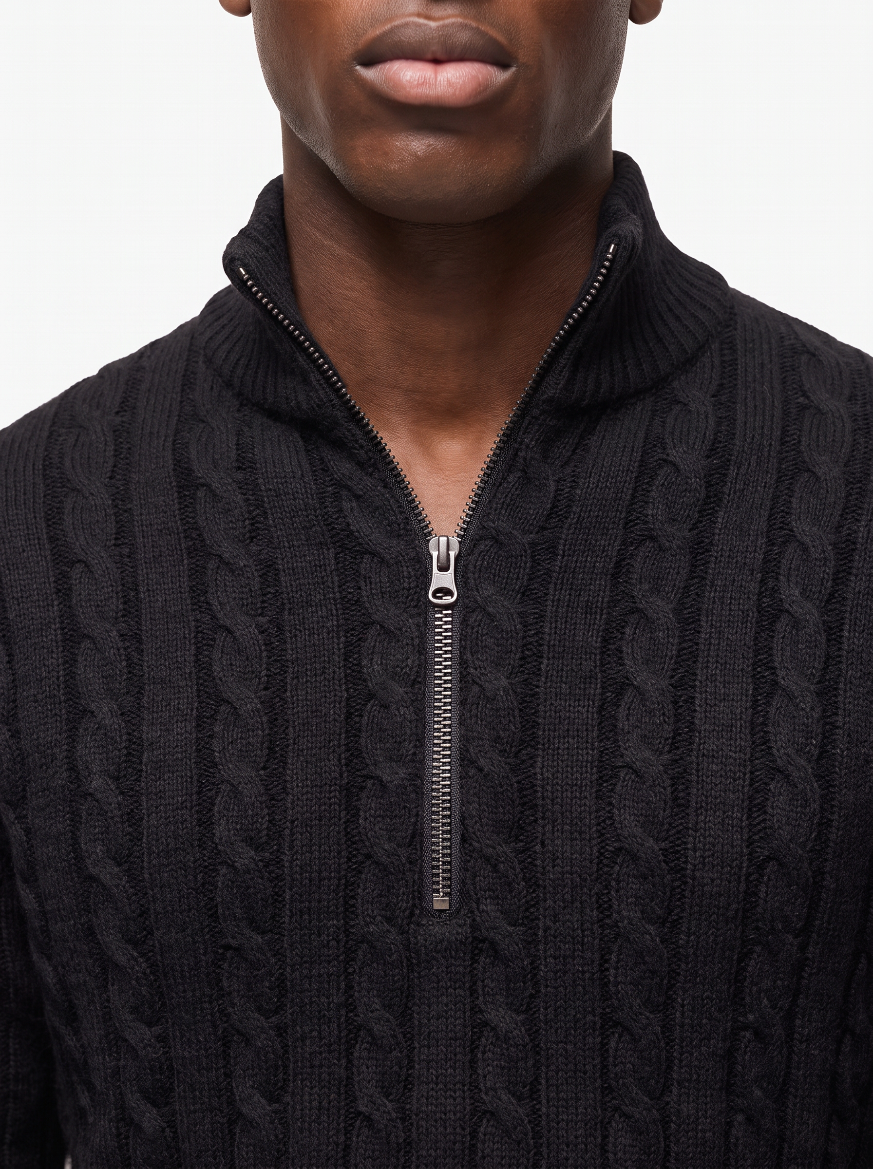 Stand collar and zip detail with knit texture