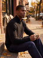Knit quarter-zip sweater worn outdoors