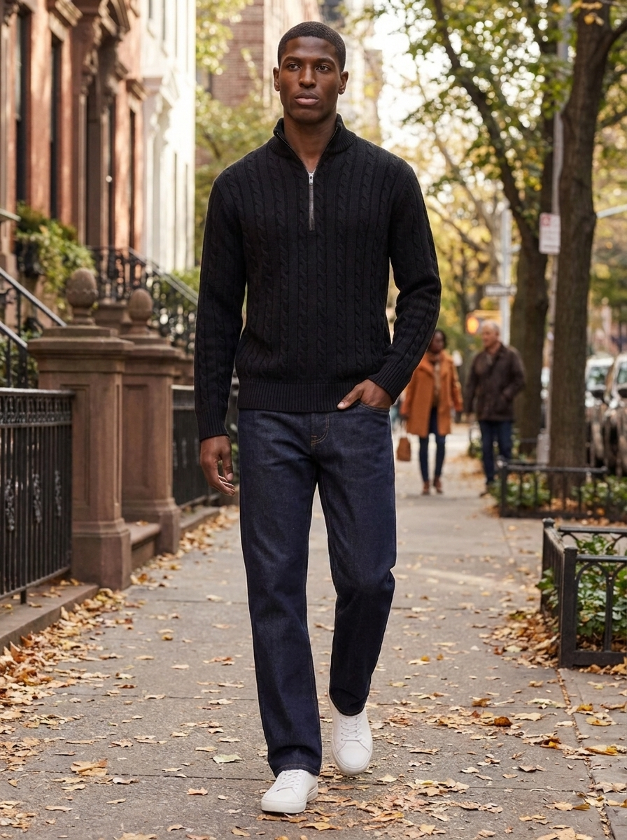 Model wearing a knit quarter-zip stand collar pullover on an autumn city sidewalk