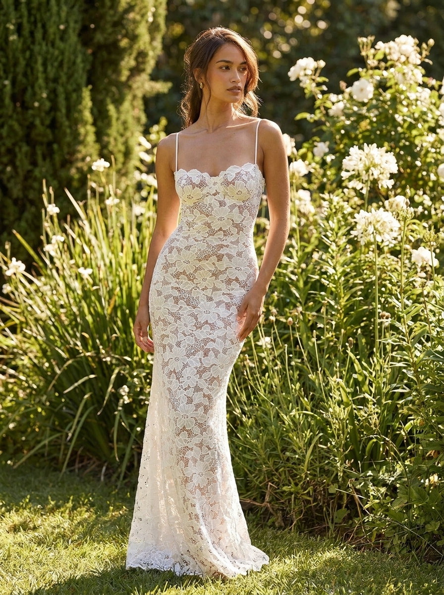 Model wearing a white intricate lace maxi dress in a sunlit summer garden