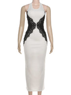Skirt drape and hem of the lace maxi dress