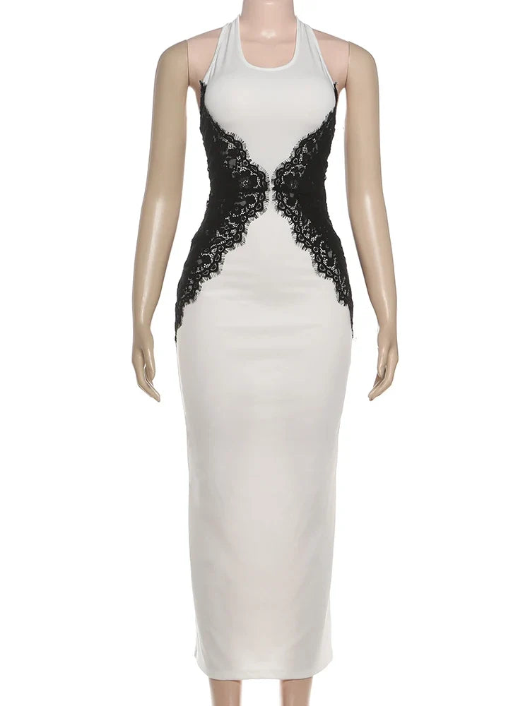 Skirt drape and hem of the lace maxi dress