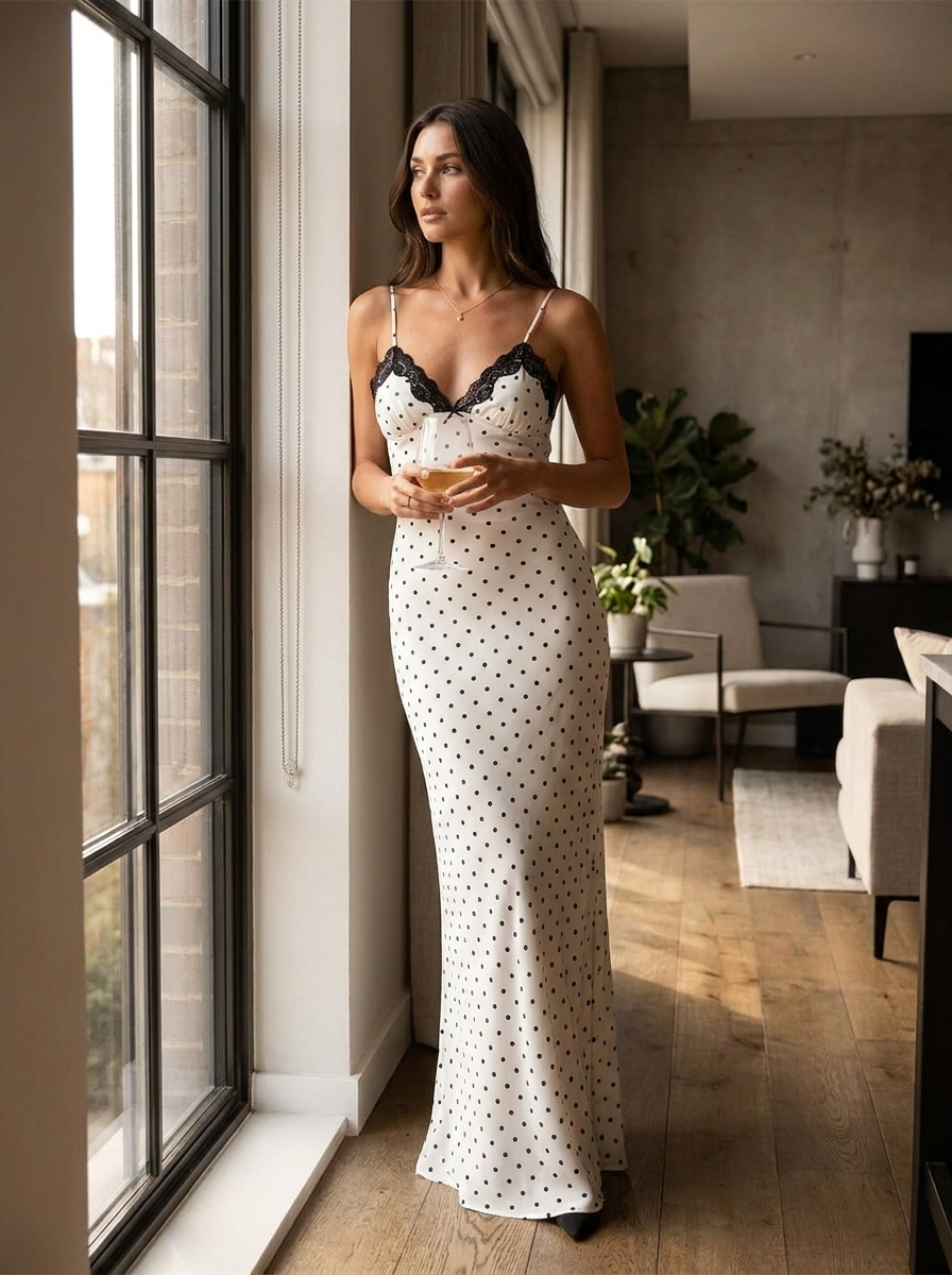 Model wearing a lace V-neck patchwork backless maxi dress beside a tall window