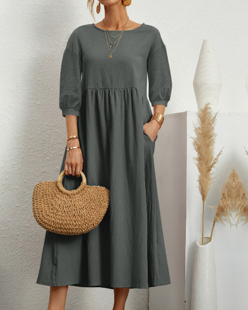 Lantern sleeve midi dress in dark green, front view