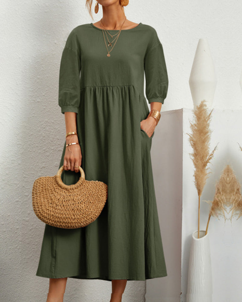 Lantern sleeve midi dress in army green