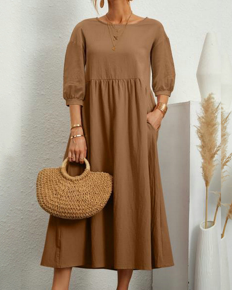Lantern sleeve midi dress in brown