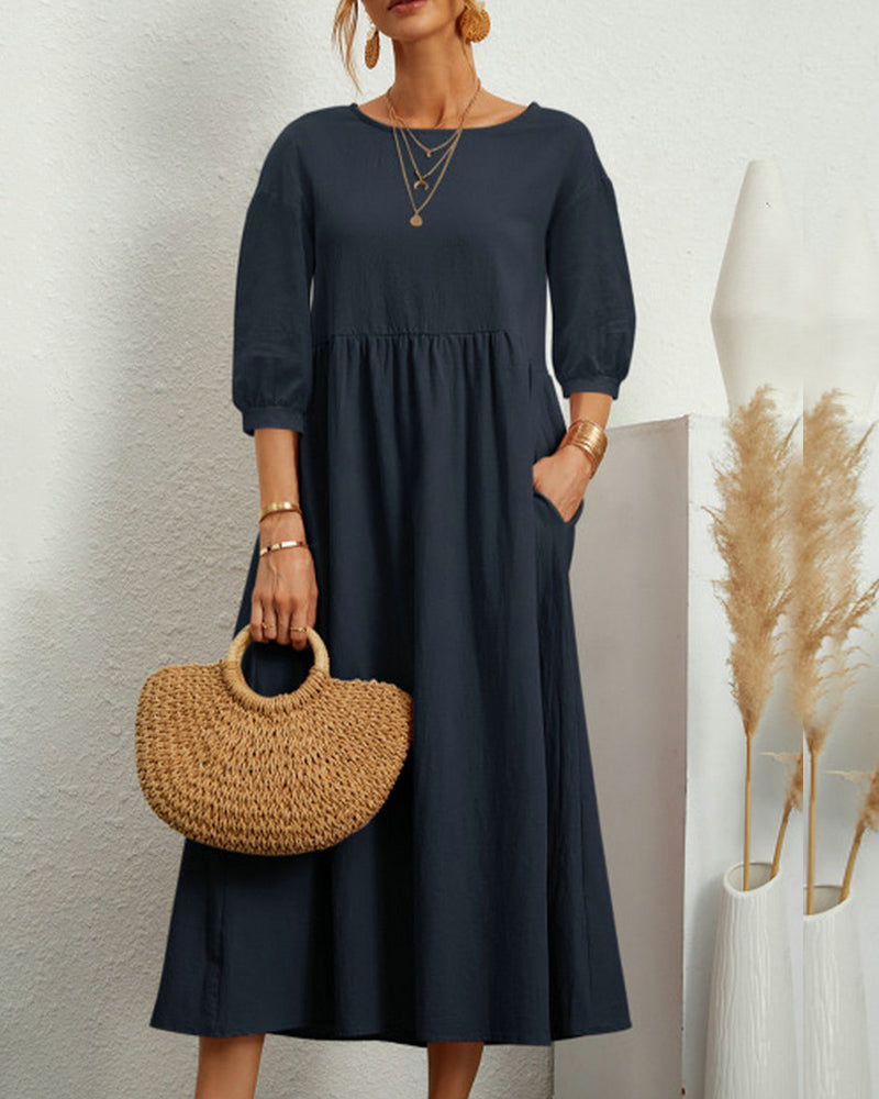 Lantern sleeve midi dress in navy blue