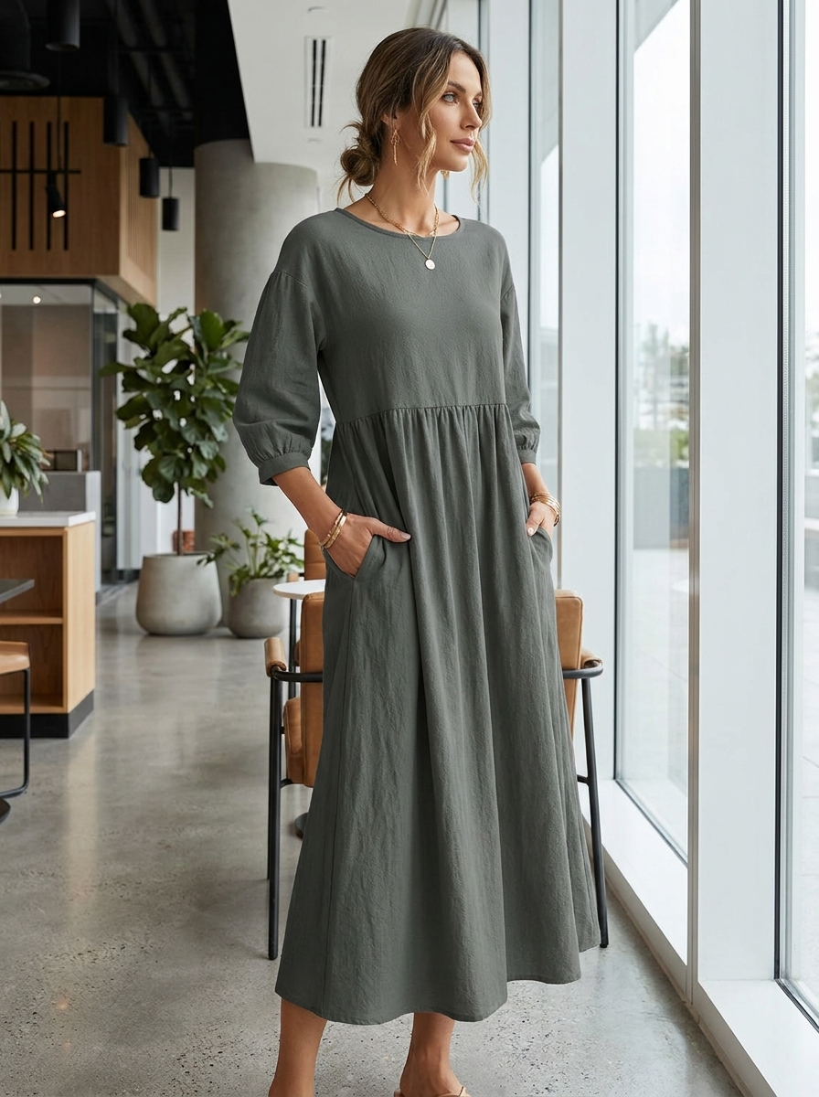 Model wearing a lantern sleeve round neck midi dress in a bright modern office lobby