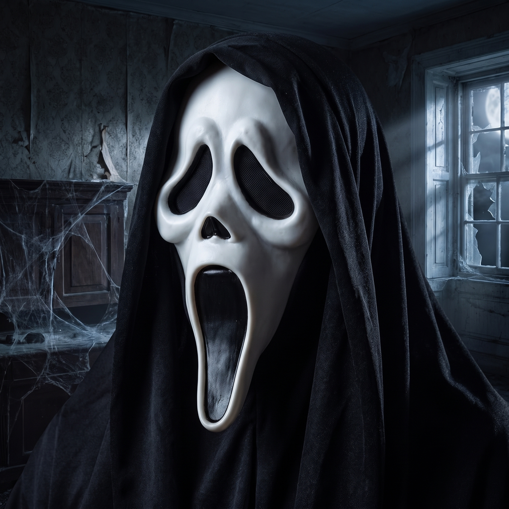 Latex hooded skull mask worn by a figure in a dark haunted setting