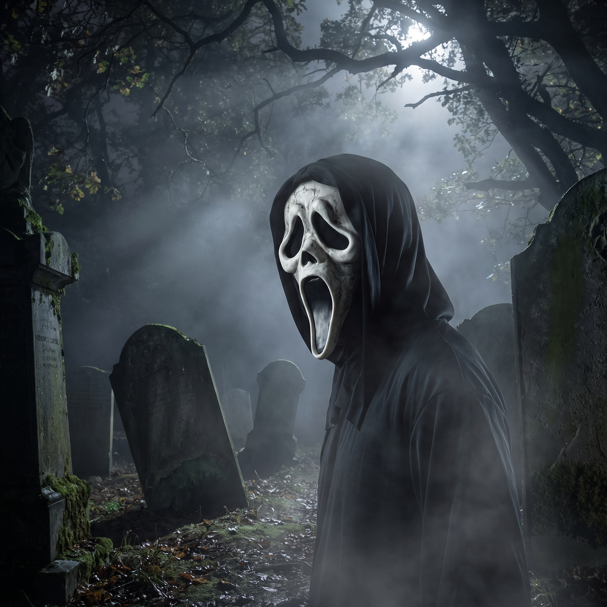 Hooded latex skull mask worn by a figure in a foggy graveyard at night