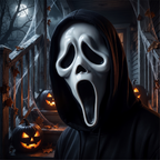 Hooded skull mask worn by a figure on a dark Halloween porch