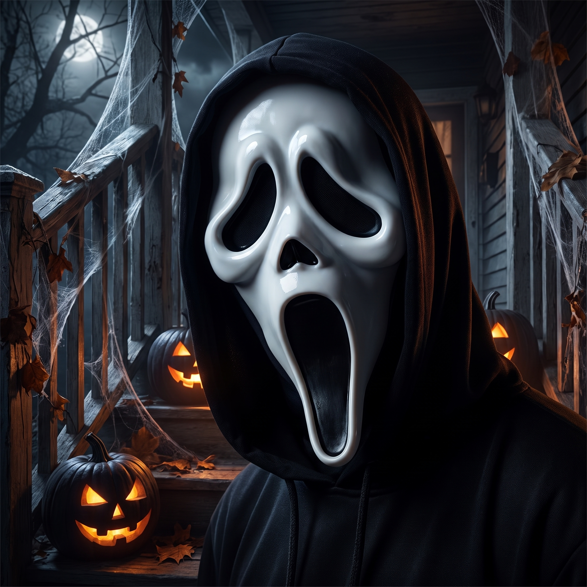 Hooded skull mask worn by a figure on a dark Halloween porch