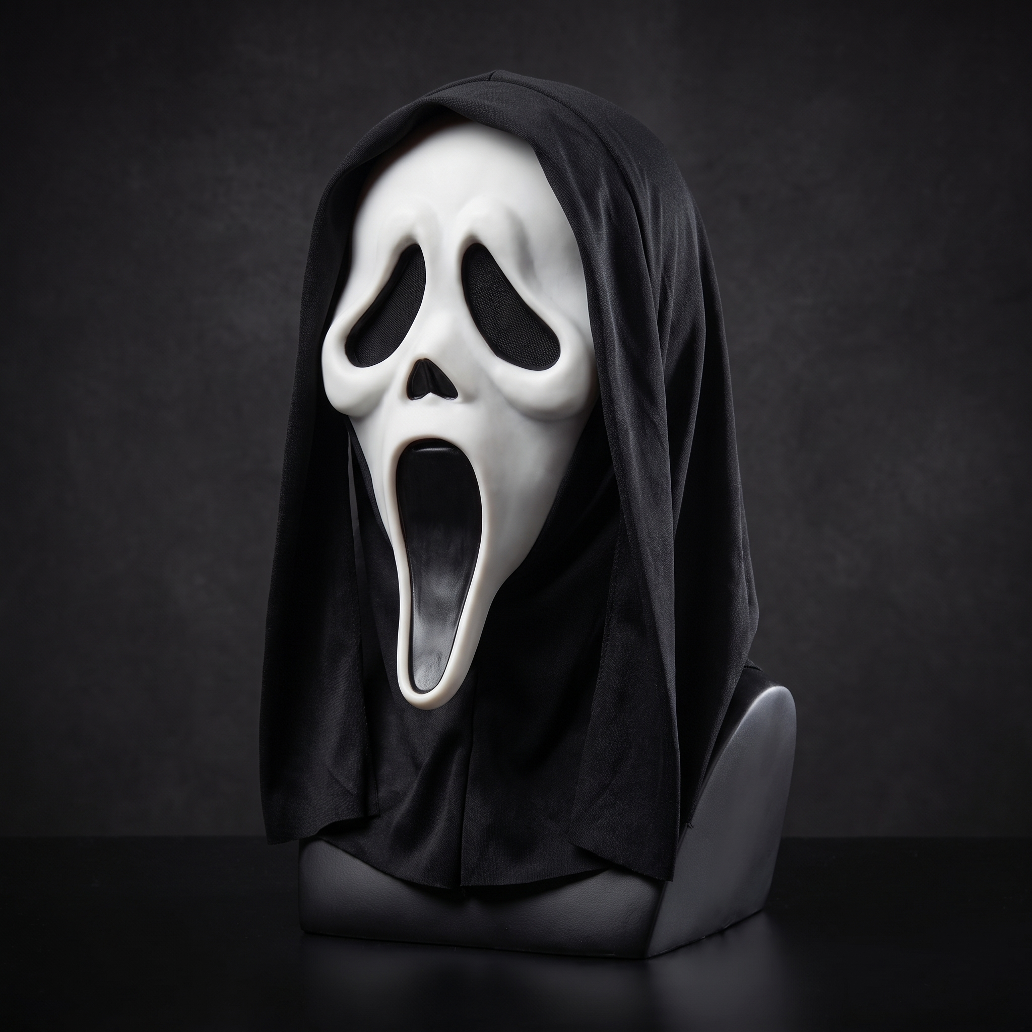 Hooded latex skull mask displayed on a stand against a dark background