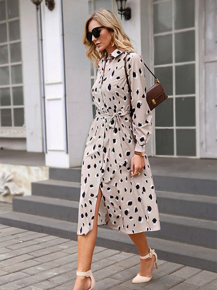 Leopard print midi dress styled with boots