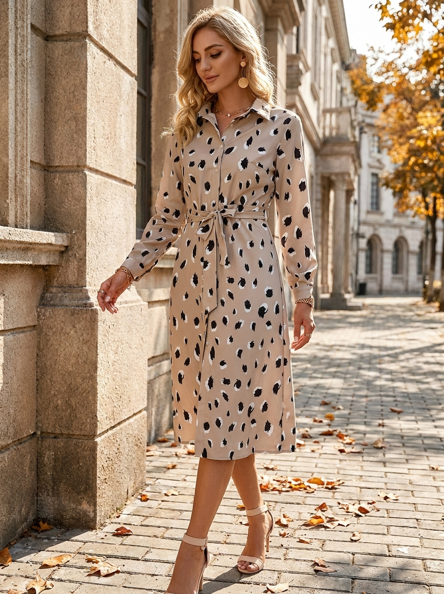 Model wearing a long sleeve leopard print A-line midi dress on a sunlit autumn street