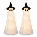 Two light-up ghost centerpieces wearing witch hats