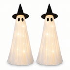 Two light-up ghost centerpieces wearing witch hats
