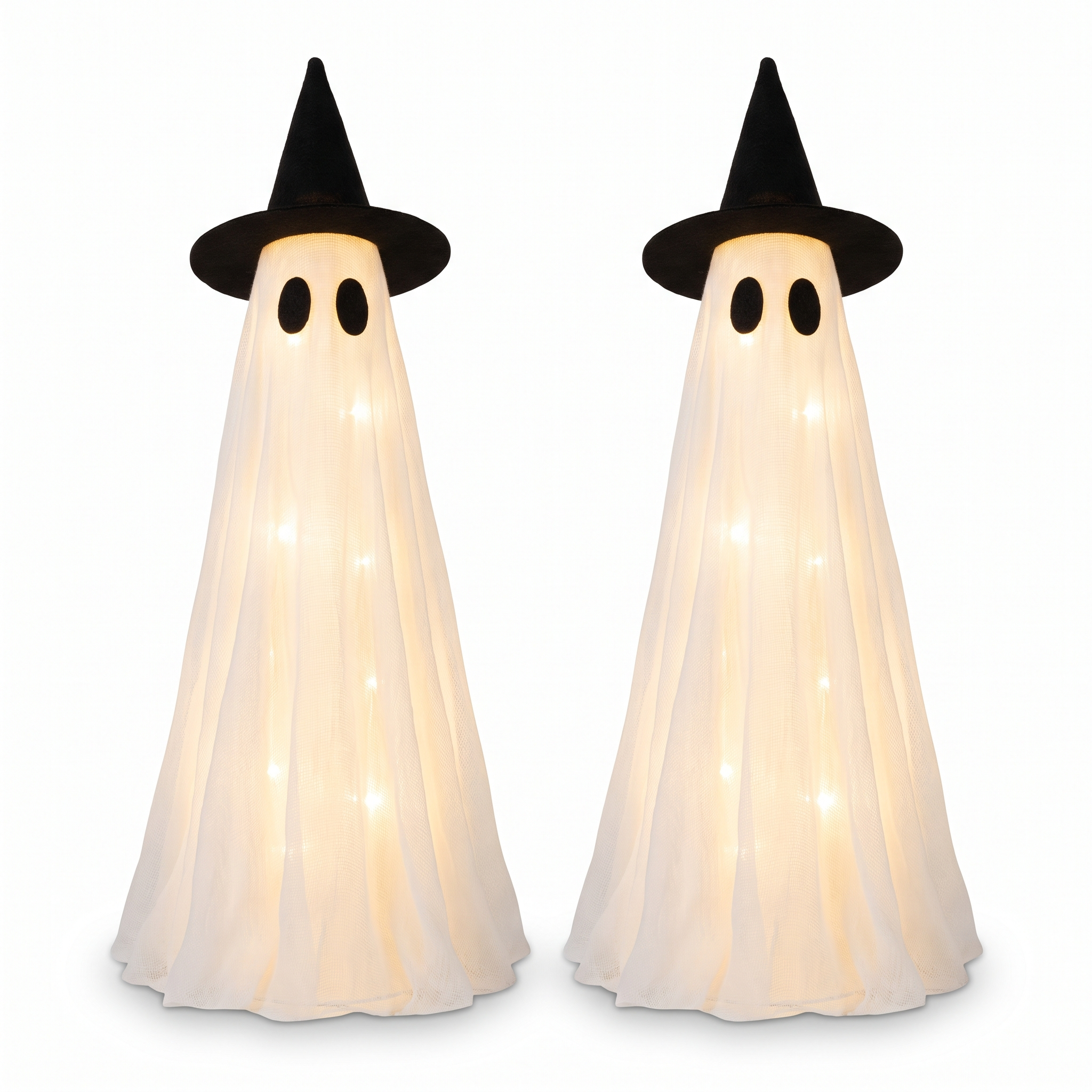 Two light-up ghost centerpieces wearing witch hats