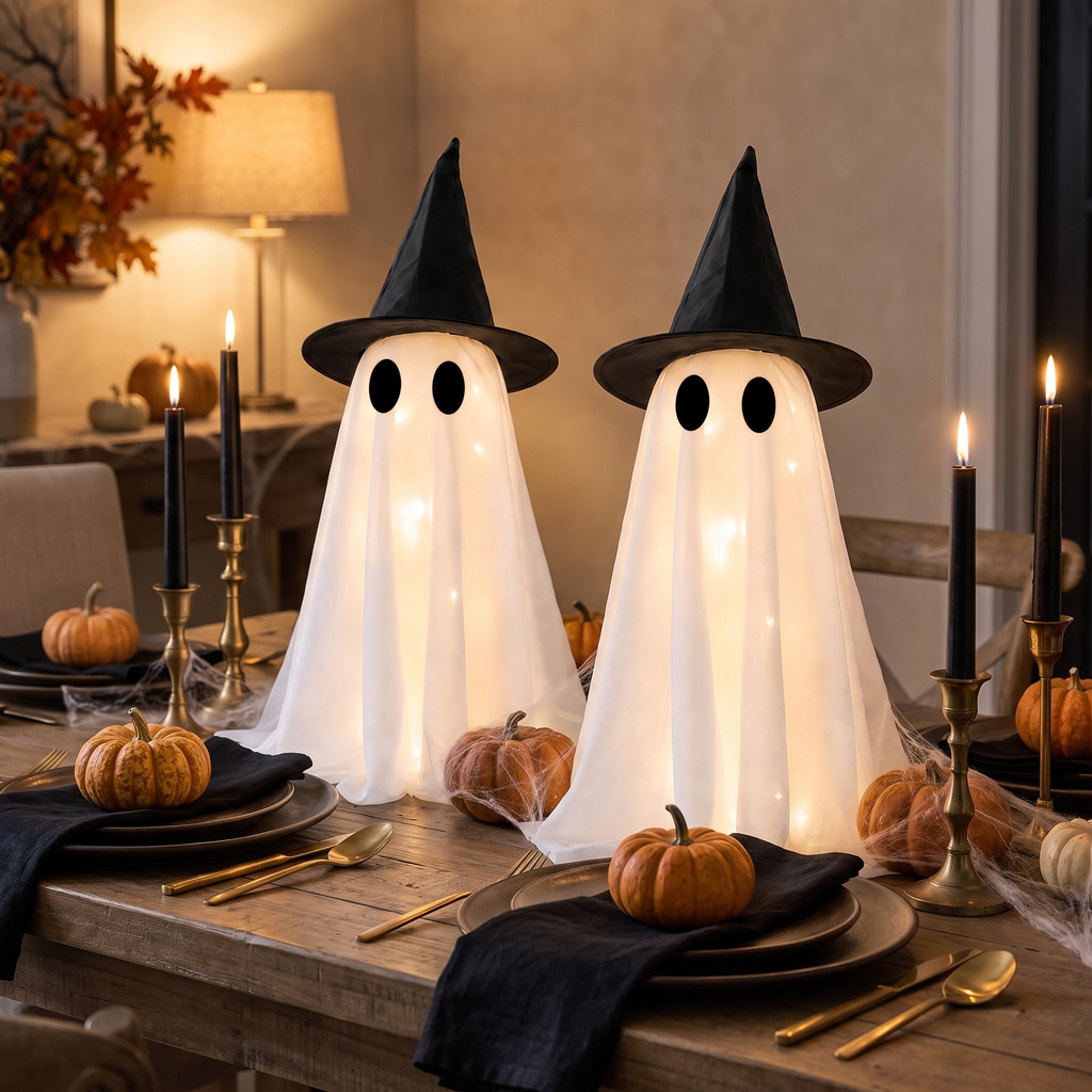 Light-up ghosts used as a dining table centerpiece
