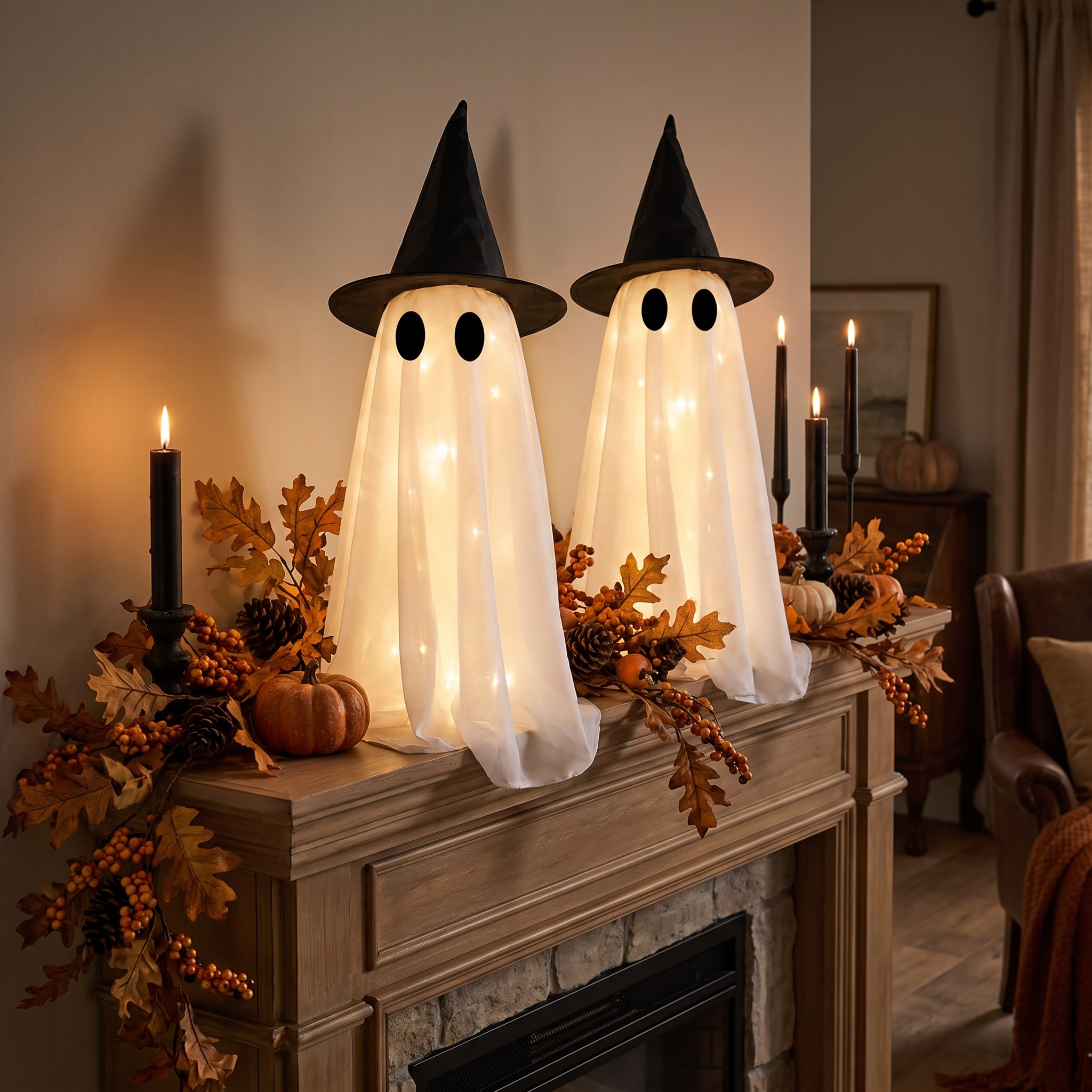 Light-up ghosts on a styled mantel